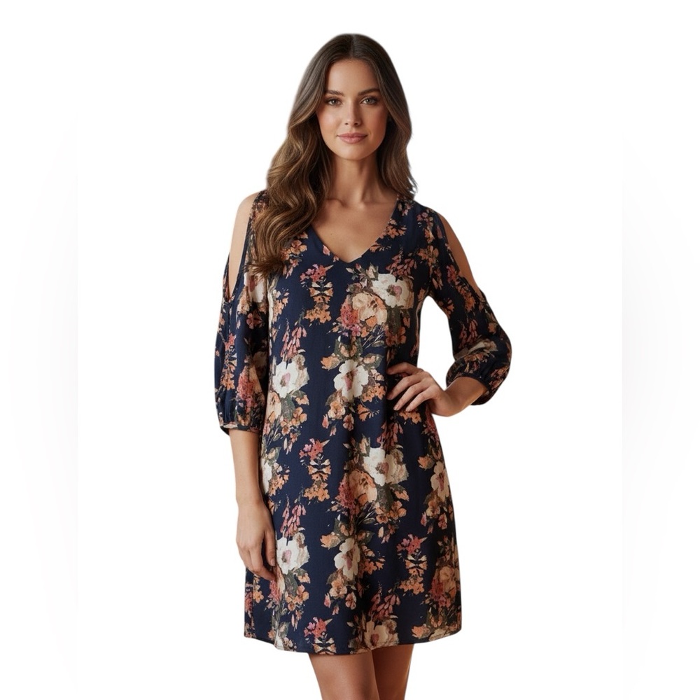 Lulus Shifting Dears Navy Blue Floral Print Cold Shoulder Summer Dress size S
